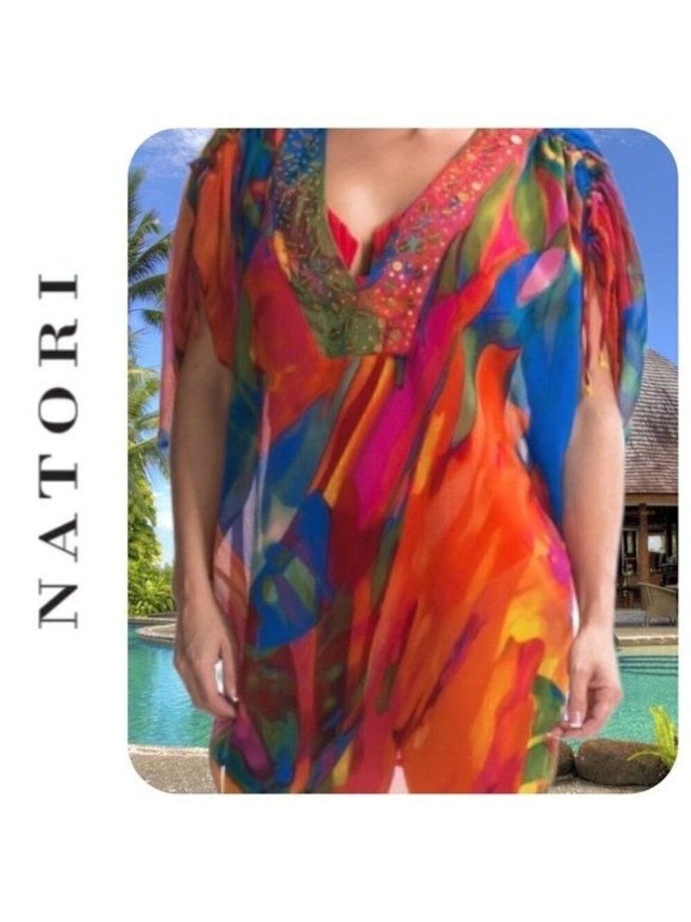 Natori Embellished Bengal Multi Tie dye Swim Cover-Up XS/ Small $172 NWT